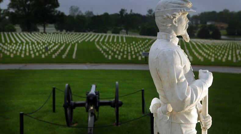 A sculpture of a soldier on the Dayton Veterans Soldiers Monument.