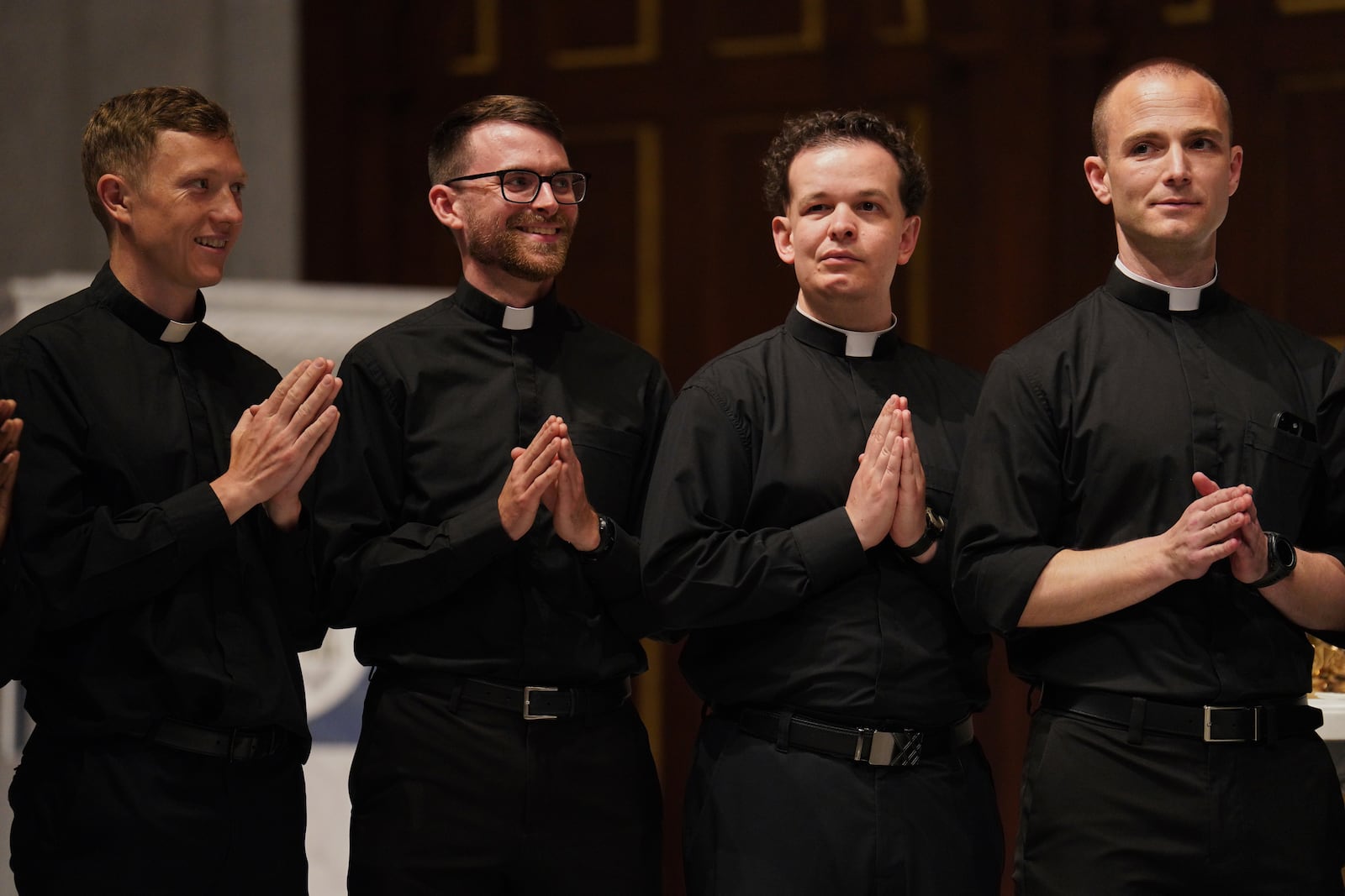 From left, the Rev. Joesph Connor, the Rev. Tim Banach, the Rev. John Meyerhofer, and the Rev. Mike Sampson, attend rehearsal for their ordination Mass at the Cathedral of Saint Thomas More in Arlington, Va., on Friday, June 6, 2025. (AP Photo/Jessie Wardarski)