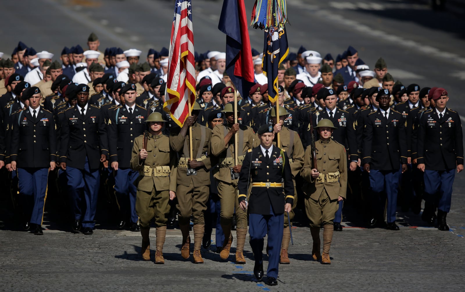 FILE - U.S troops march down the Champs Elysees during the Bastille Day parade in Paris, July 14, 2017. (AP/Photo/Markus Schreiber, File)