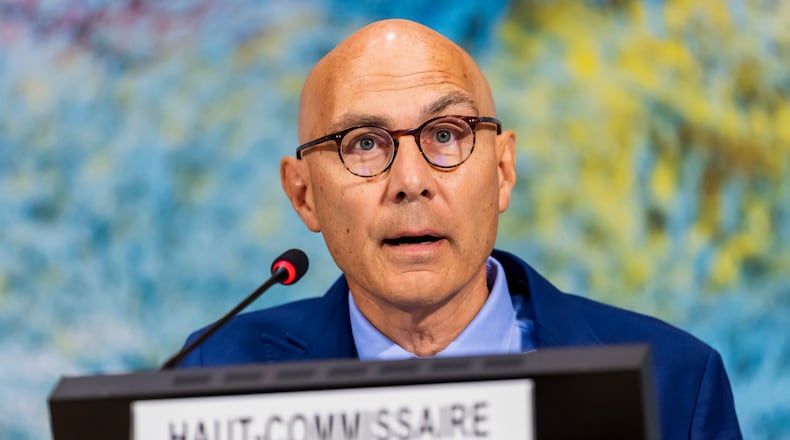 FILE - U.N. High Commissioner for Human Rights Volker Türk addresses attendees on the activities of his Office and recent human rights developments around the globe, during the 60th session of the Human Rights Council, at the European headquarters of the United Nations in Geneva, Switzerland, Monday, Sept. 8, 2025. (Salvatore Di Nolfi/Keystone via AP, File)
