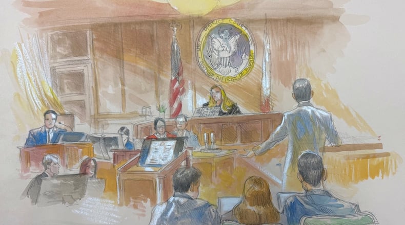 In this courtroom sketch Secretary of State Marco Rubio testifies during the trial of former Florida congressman David Rivera in District Court Judge Melissa Damian's courtroom, Tuesday, March 24, 2026, in Miami. (Lothar Speer via AP)