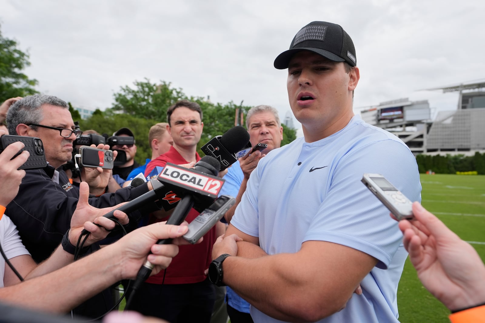 FILE - Cincinnati Bengals defensive end Trey Hendrickson speaks to media during NFL football practice on May 13, 2025, in Cincinnati. (AP Photo/Carolyn Kaster, file)