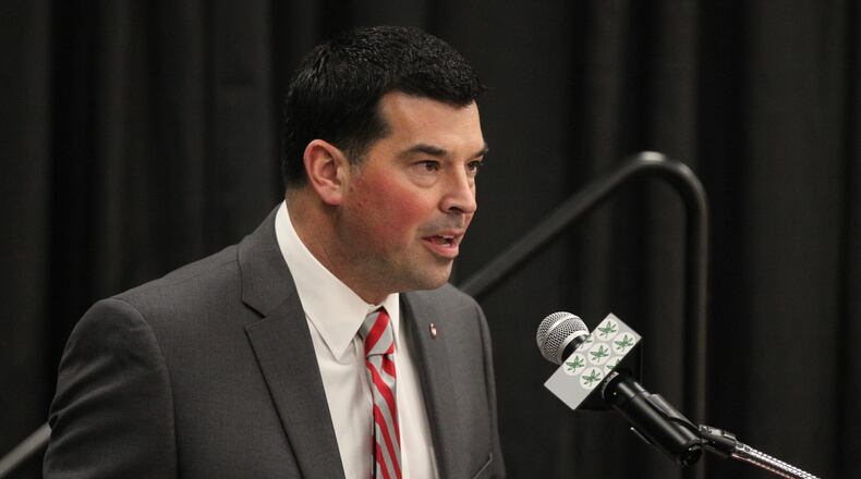 Ohio State’s Ryan Day speaks at a press conference at the Fawcett Center on Tuesday, Dec. 4, 2018, in Columbus. David Jablonski/Staff