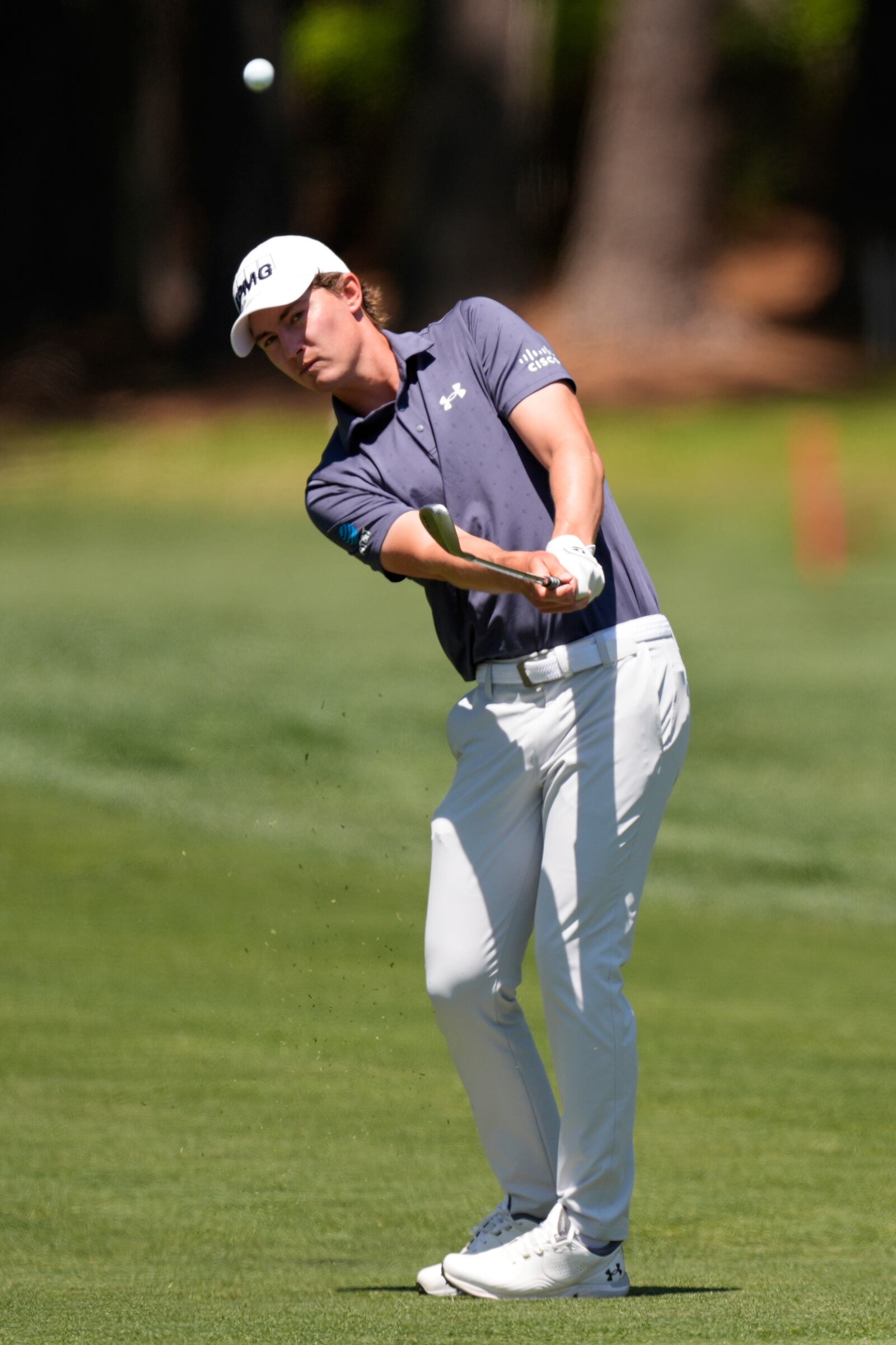 Maverick McNealy hits from the second hole during the third round of the RBC Heritage golf tournament, Saturday, April 19, 2025, in Hilton Head Island, S.C. (AP Photo/Mike Stewart)