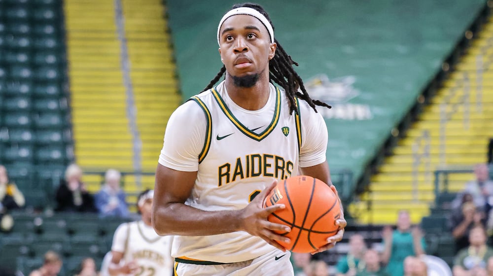 Wright State senior forward Bryan Etumnu shoots during an 86-37 win over Franklin College 86-37 in a season opener on Monday, Nov. 3 at Ervin J. Nutter Center in Fairborn. BRYANT BILLING/STAFF