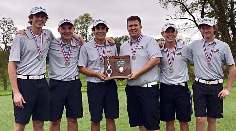 The Alter High School boys golf team, from left: Ethan Ditzel, AJ Pothast, Adam White, coach Alex Schuster, Nick Kreusch, Jack Norman. CONTRIBUTED PHOTO