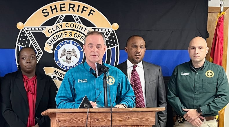 Clay County Sheriff Eddie Scott speaks at a news conference in West Point, Miss., on Saturday, Jan, 10, 2026, following fatal Friday night shootings at three locations. (William Moore/The Northeast Mississippi Daily Journal via AP)