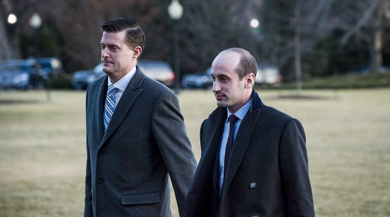 Rob Porter, left, the White House staff secretary, just two days before announcing his resignation after news surfaced that his two former wives said he had been physically and verbally abusive. (Pete Marovich/The New York Times)