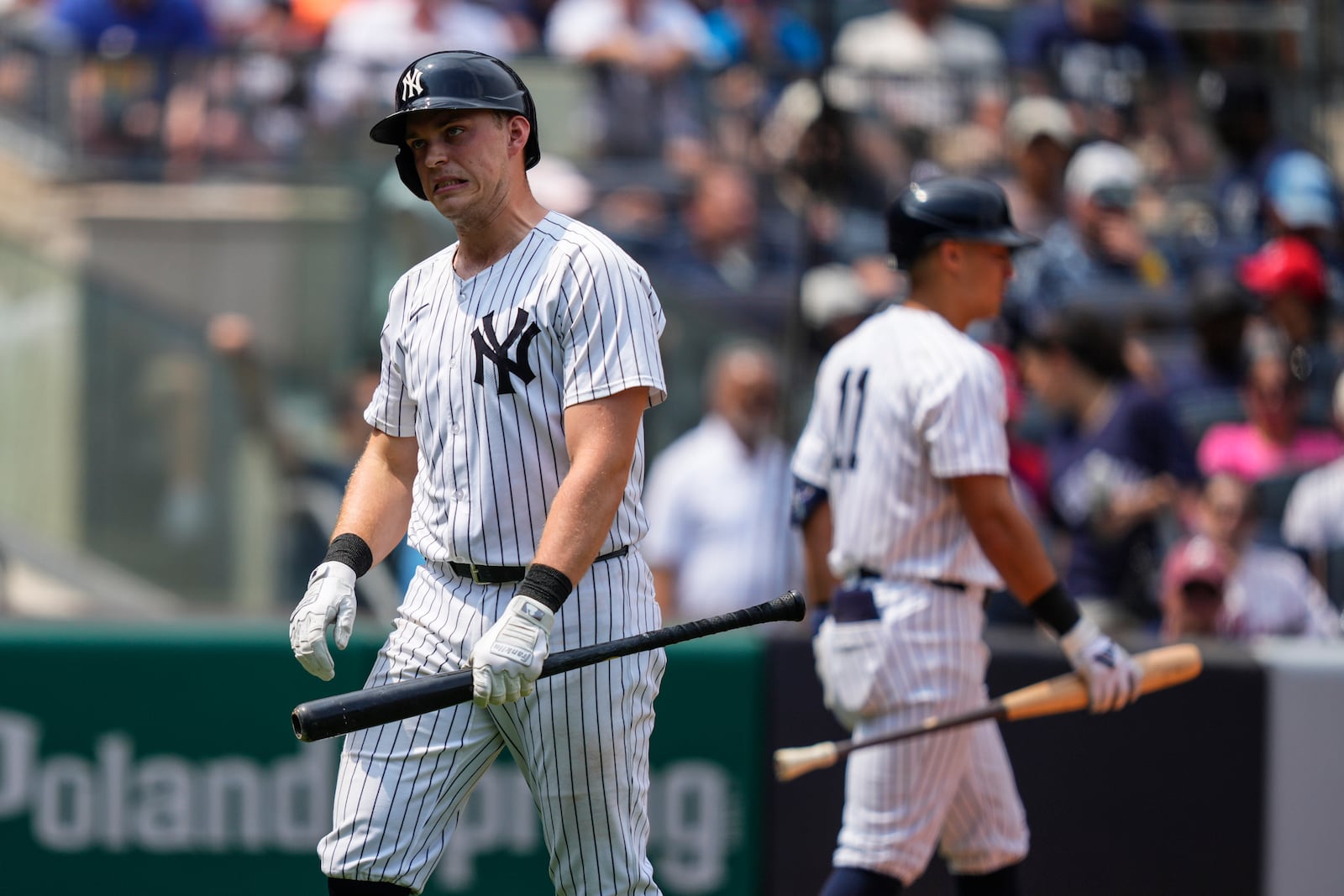 New York Yankees' Ben Rice (22) reacts after striking out during the fourth inning of a baseball game against the Philadelphia Phillies, Saturday, July 26, 2025, in New York. (AP Photo/Yuki Iwamura)