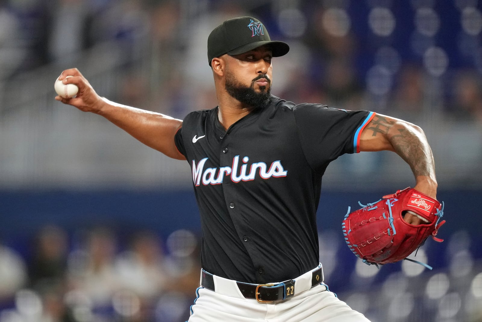 Miami Marlins starting pitcher Sandy Alcantara pitches during the first inning of a baseball game against the Kansas City Royals, Friday, July 18, 2025, in Miami. (AP Photo/Rebecca Blackwell)