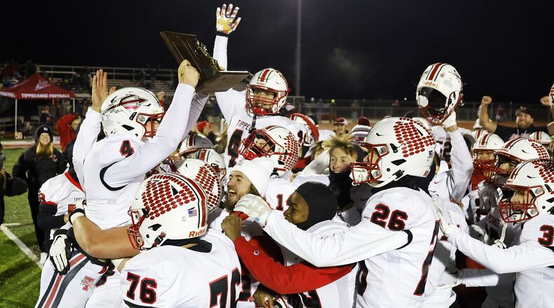 Tippecanoe celebrates a 20-17 win over Badin in their Division III Regional Final football game Friday, Nov. 18, 2022 at Trotwood-Madison High School. NICK GRAHAM/STAFF