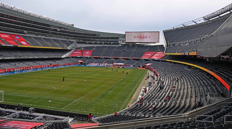 FILE - Soldier Field is seen for an MLS soccer match between the Chicago Fire and the CF Montréal, Saturday, Feb. 28, 2026, in Chicago. (AP Photo/Matt Marton, File)