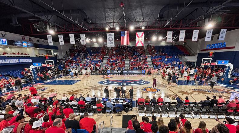Dayton and Florida Atlantic players are introduced before the game in the first round of the NIT on Wednesday, March 19, 2025, at Baldwin Arena in Boca Raton, Fla. David Jablonski/Staff
