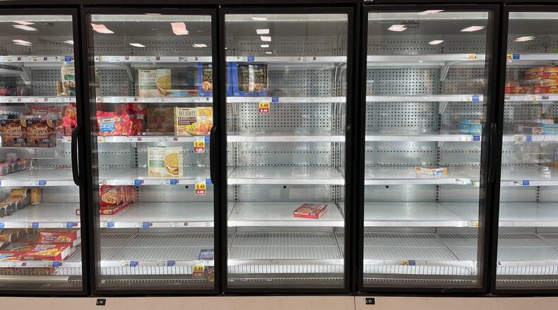Near-empty shelves were seen in Kroger Vandalia's frozen section at one point Tuesday, ahead of this week's forecasted winter storm.
