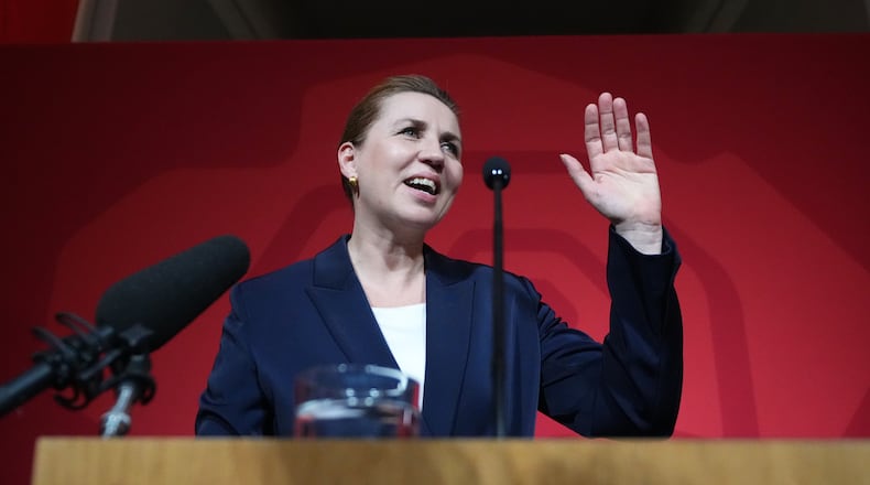 Danish Prime Minister Mette Frederiksen speaks to members of her Social Democratic Party in the Danish Parliament in Copenhagen, Denmark, after the General Election on Tuesday, March 24, 2026. (AP Photo/Sergei Grits)
