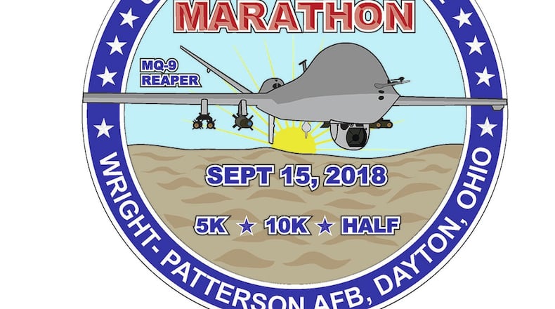 The 2018 Air Force Marathon patch commemorates the featured aircraft, the MQ-9 Predator.