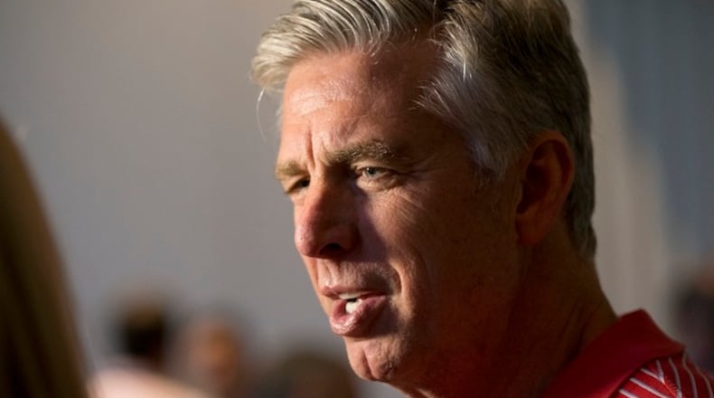 Dave Dombrowski, Boston Red Sox president of baseball operations, speaks with members of the media after having attended meetings during the annual Major League Baseball general managers meetings, Tuesday, Nov. 10, 2015, in Boca Raton, Fla. (AP Photo/Wilfredo Lee)