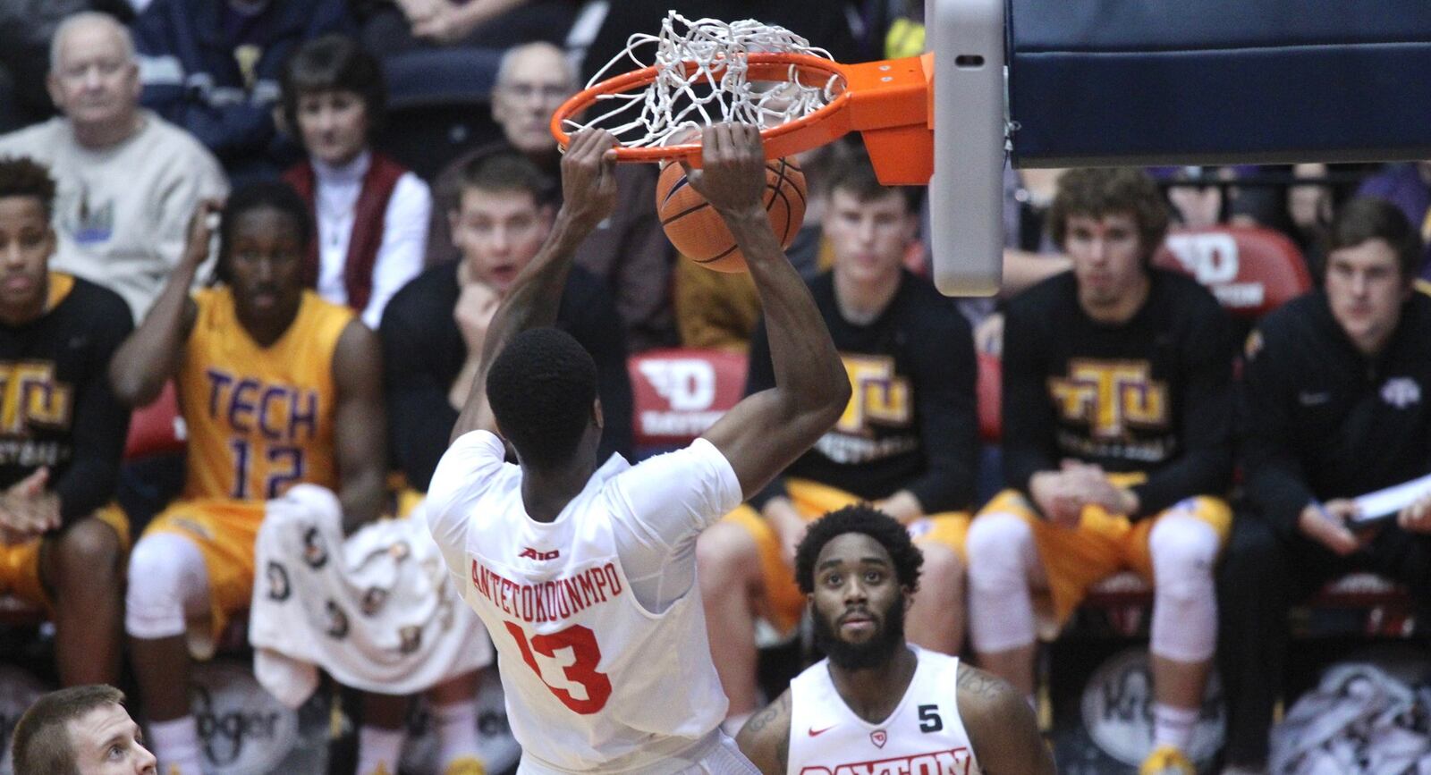 Dayton’s Kostas Antetokounmpo dunks against Tennessee Tech on Wednesday, Dec. 6, 2017, at UD Arena. David Jablonski/Staff