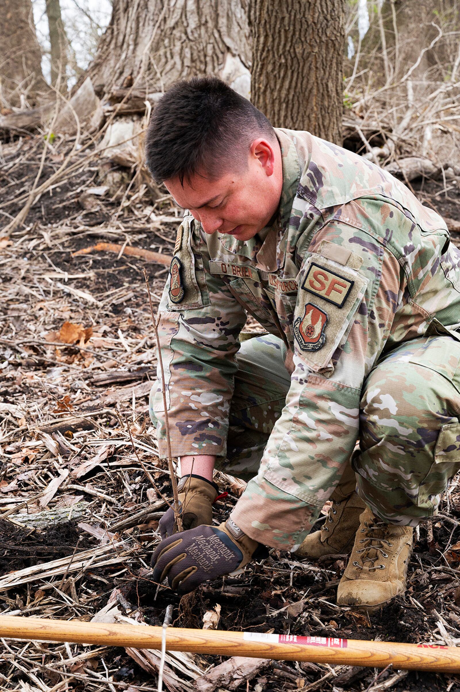 First Lt. Justin O’Brien, 88th Security Forces Squadron, plants a seedling April 7 in a wooded area along Trout Creek at Wright-Patterson Air Force Base. The area had recently been cleared of invasive honeysuckle, and 180 seedlings of various native trees were planted to provide homes to wildlife, including an endangered bat species. U.S. AIR FORCE PHOTO/R.J. ORIEZ