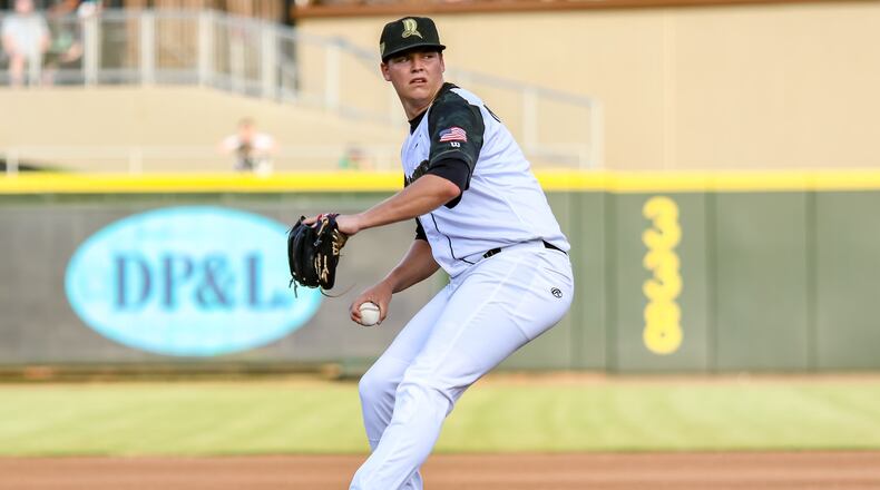 Dayton Dragons starter James Marinan throws a pitch during their game against the Lansing Lugnuts on Friday night at Fifth Third Field. Lansing won 4-0. CONTRIBUTED PHOTO BY MICHAEL COOPER