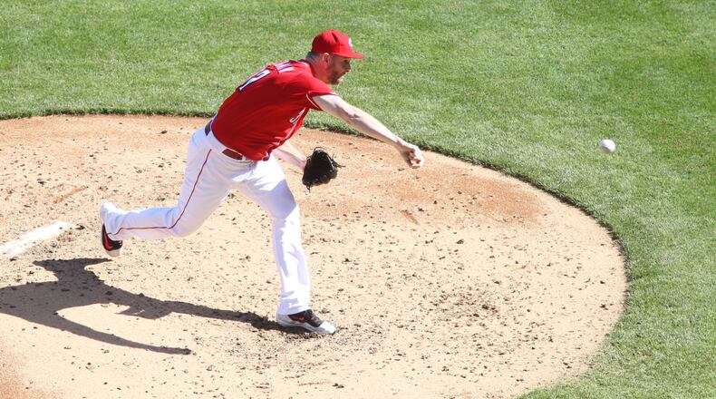 Reds starter Scott Feldman pitches against the Giants on Sunday, May 7, 2017, at Great American Ball Park in Cincinnati. David Jablonski/Staff