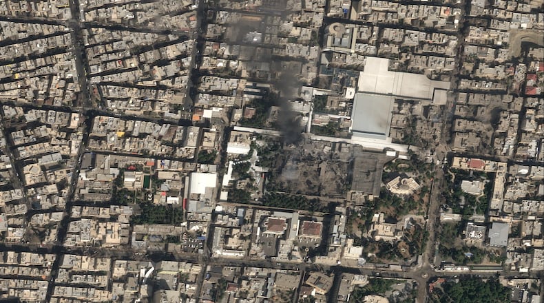 This image provided by Airbus shows the strike on Iranian Supreme Leader's compound on Saturday, Feb. 28, 2026 in Iran. (Pléiades Neo (c) Airbus DS 2026 via AP)