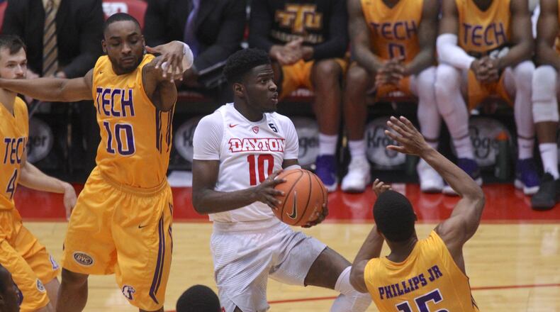 Dayton's Jalen Crutcher scores against Tennessee Tech on Wednesday, Dec. 6, 2017, at UD Arena.