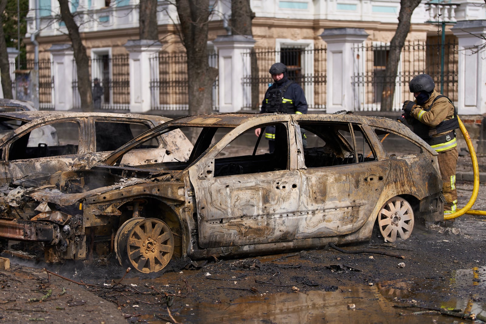 The city center in the aftermath of the Russia's missile attack that killed at least 21 civilians in Sumy, Ukraine, Sunday, April 13, 2025. (AP Photo)
