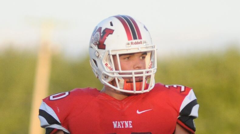 Warriors DE Alex Reigelsperger. Wayne defeated visiting Moeller 35-17 in a Week 2 high school football game at Heidkamp Stadium on Friday, Sept. 2, 2016. MARC PENDLETON / STAFF