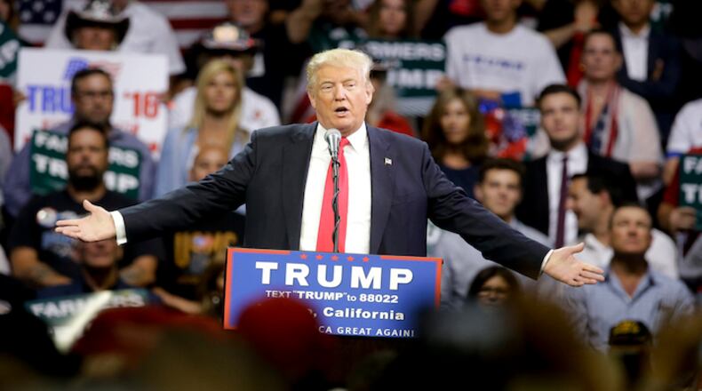 Republican presidential candidate Donald Trump arrives for a rally, Friday, May 27, 2016 in Fresno, Calif. (AP Photo/Chris Carlson)