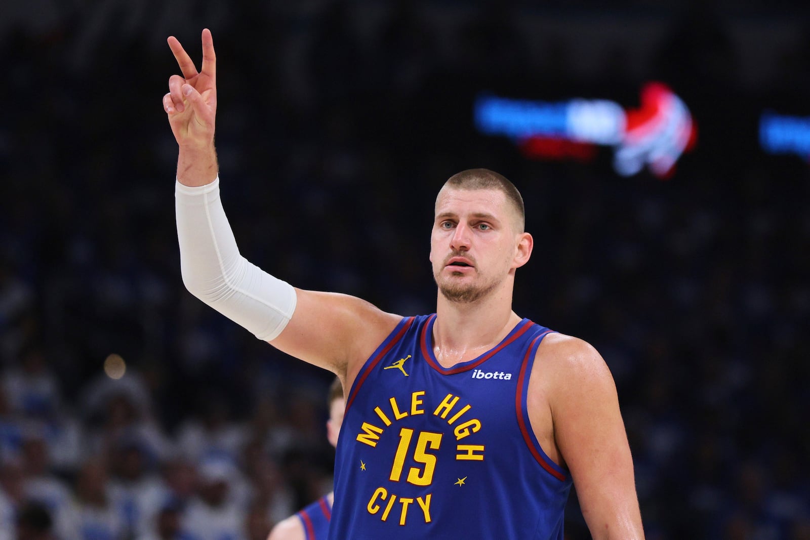 Denver Nuggets' Nikola Jokic gestures in the first half of Game 5 of an NBA basketball second-round playoff series against the Oklahoma City Thunder Tuesday, May 13, 2025, in Oklahoma City. (AP Photo/Nate Billings)