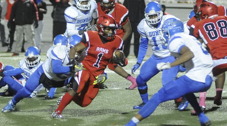 Trotwood’s Ra’veion Hargrove had 93 yards rushing and scored. Trotwood-Madison defeated Dunbar 64-26 in a D-III, Region 12 high school football playoff semifinal at Butler on Friday, Nov. 10, 2017. MARC PENDLETON / STAFF