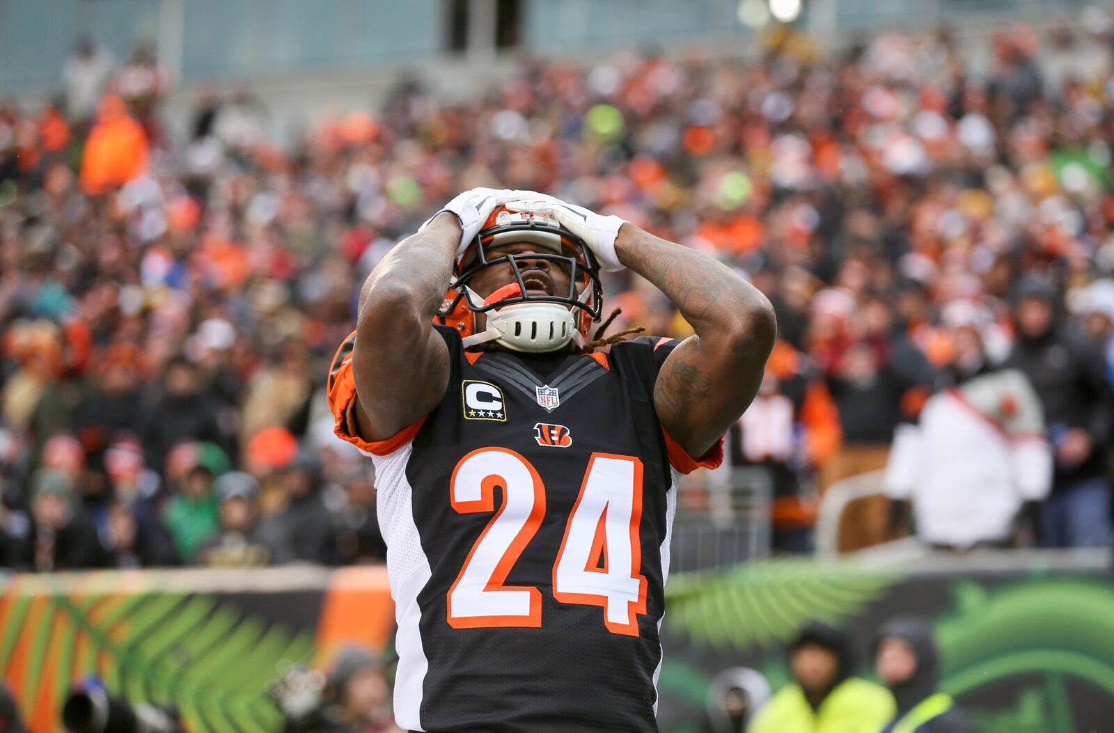 Bengals cornerback Adam Jones (24) shows his frustration on missing an interception during their game against the Steelers, at Paul Brown Stadium, Sunday, Dec. 18, 2016. GREG LYNCH / STAFF
