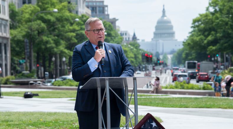 IMAGE DISTRIBUTED FOR PEPSICO - Rep. Mike Bost, R-Ill., speaks during a "Rolling Remembrance" flag relay event benefitting Children of Fallen Patriots Foundation on Wednesday, May 17, 2023 in Washington. (Kevin Wolf/AP Images for PepsiCo)