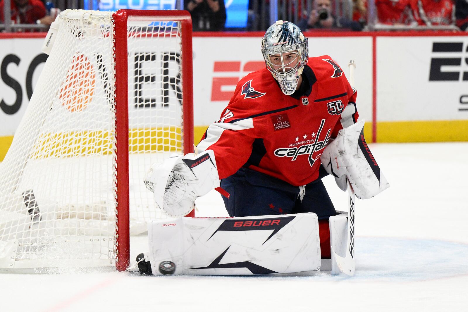 Washington Capitals goaltender Logan Thompson (48) stops the puck in the second period of Game 2 of a first-round NHL hockey playoff series against the Montreal Canadiens, Wednesday, April 23, 2025, in Washington. (AP Photo/Nick Wass)