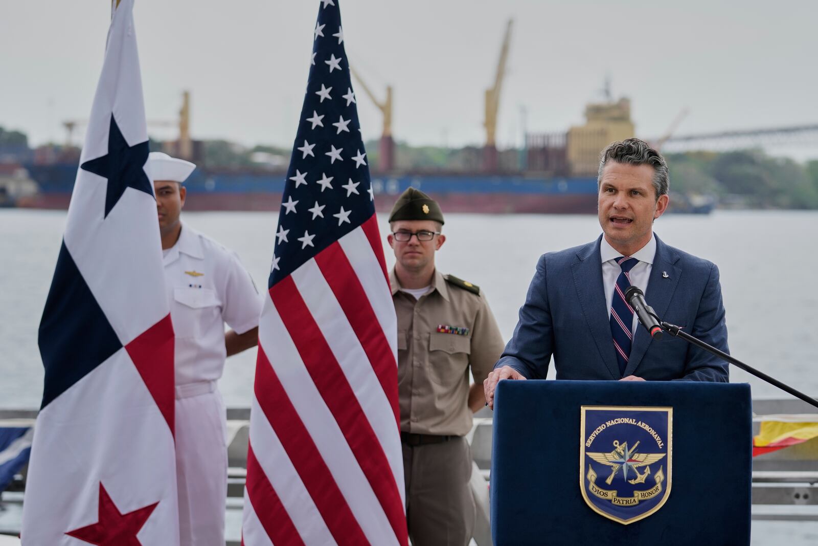 U.S. Defense Secretary Pete Hegseth speaks at Port of Rodman in West Panama, Tuesday, April 8, 2025. (AP Photo/Matias Delacroix)