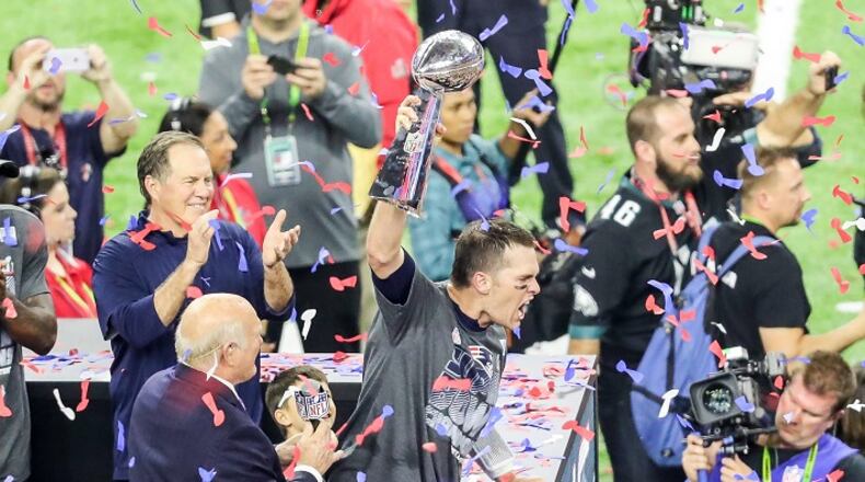 New England Patriots quarterback Tom Brady (12) celebrates after Super Bowl LI on Sunday, Feb. 5, 2017 at NRG Stadium in Houston, Texas. (Dan Wozniak/Zuma Press/TNS)