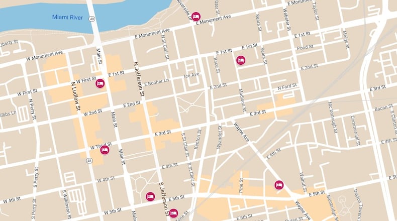 Downtown Dayton hotels map.