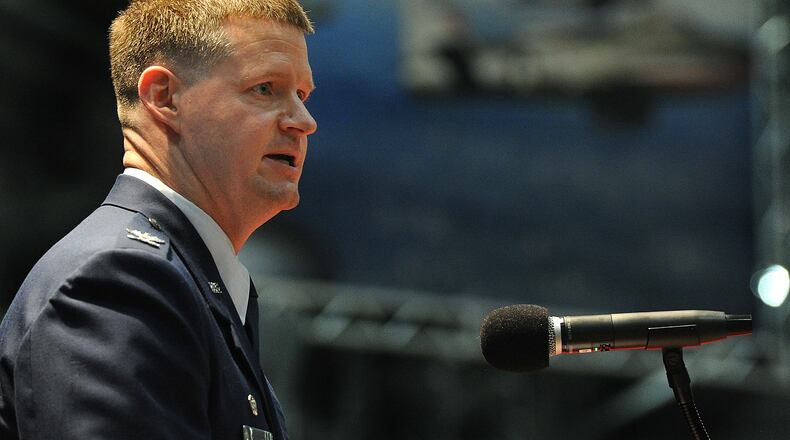 Colonel Dustin C. Richards, became the new commander of the 88th Air Base Wing, Tuesday, April 9, 2024 at the National Museum of the United States Force. MARSHALL GORBY\STAFF