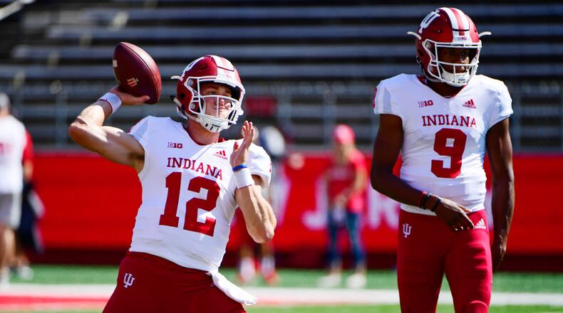PISCATAWAY, NJ - SEPTEMBER 29: Peyton Ramsey #12 of the Indiana Hoosiers throws next to teammate Michael Penix Jr. #9 before the game against the Rutgers Scarlet Knights at HighPoint.com Stadium on September 29, 2018 in Piscataway, New Jersey. (Photo by Corey Perrine/Getty Images)