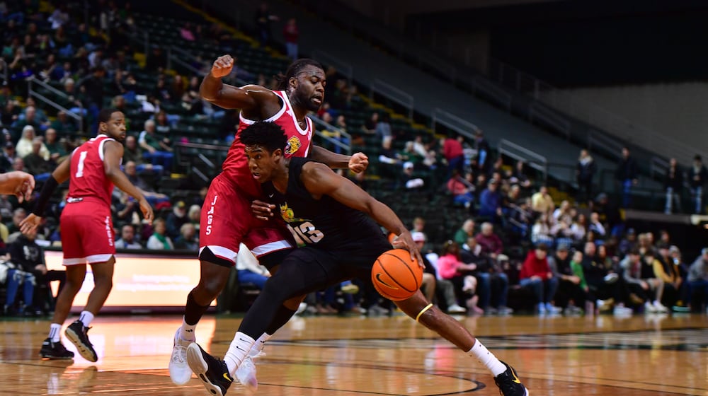 Wright State's Solomon Callaghan drives against and IU Indy defender during a game at the Nutter Center on Feb. 8, 2025. Joe Craven/Wright State Athletics