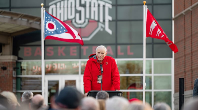 Jerry Lucas speaks at the Schottenstein Center before his statue was unveiled. THE OHIO STATE UNIVERSITY/CONTRIBUTED