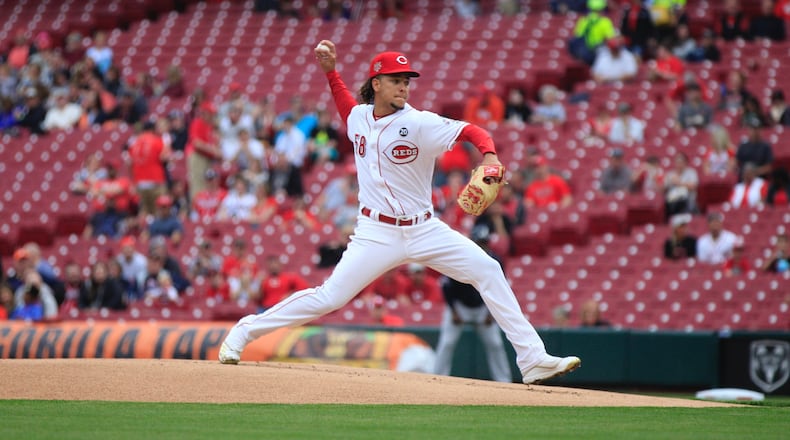 Reds starter Luis Castillo pitches against the Braves on Thursday, April 25, 2019, at Great American Ball Park in Cincinnati. David Jablonski/Staff