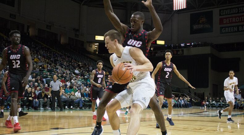 Wright State’s Grant Benzinger during Thursday night’s game vs. UIC at the Nutter Center. Allison Rodriguez/CONTRIBUTED