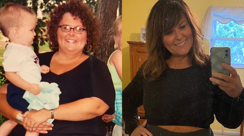 Kuns is a mom to two children and was at her heaviest weight - 350 pounds, after getting married. these photos were taken 10 years apart and she is 120 pounds lighter. On the left with her son in 2002 and on the right, in 2022.