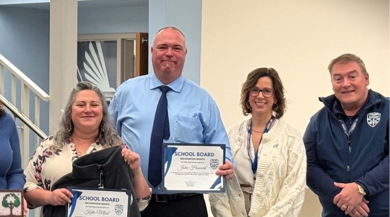 From left: Katie Mlod, Fairborn School Board President; John Howard, who was recently appointed to finish out the term of Jerry Browning, who stepped down Jan. 1; Fairborn Superintendent Amy Gayheart; and District Treasurer Kevin Philo. CONTRIBUTED
