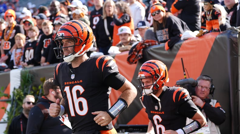 Cincinnati Bengals quarterback Joe Flacco (16) enters the field before an NFL football game against the New York Jets, Sunday, Oct. 26, 2025, in Cincinnati. (AP Photo/Joshua A. Bickel)