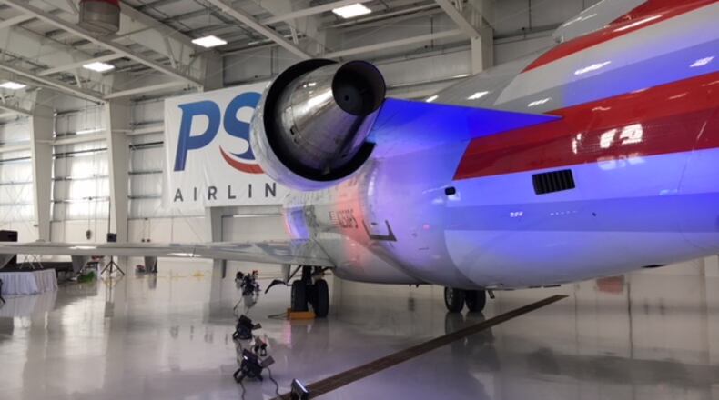 A shot of a Bombardier CRJ aircraft at the October 2016 opening of a PSA Airlines hangar at Dayton International Airport. THOMAS GNAU/STAFF