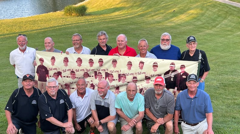 Members of Graham High School's 1973 state championship baseball team pose for a photo at a reunion on Friday, June 2, 2023, at Lakeland Golf course in St. Paris. Pictured are: Back row (left to right): Bart Ward; Charlie Lee; Rick Campbell; Tim Crabtree; Gary Kite; Bill Dallas; coach Duane Hollingsworth; and coach Donzil Hall. Front row (left to right): Tim West; John Vulgamore; Steve Dallas; Bryan Kizer; Steve Harmon; Tom Dohse; and Bob Roush. Contributed photo