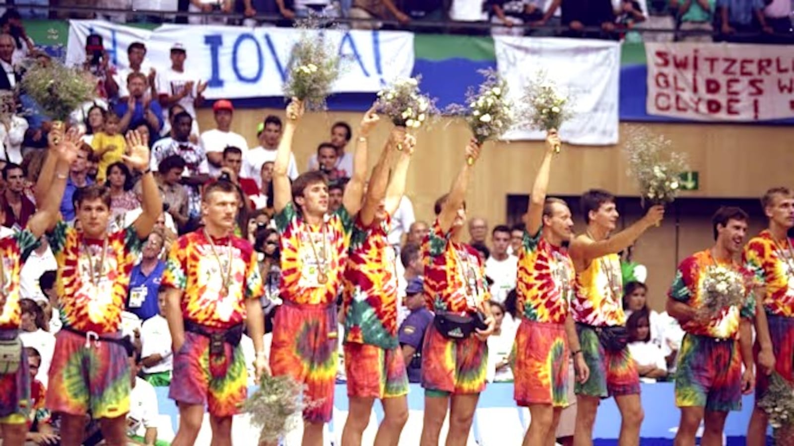 The Lithuanian men's basketball national team celebrates after winning a bronze medal at the 1992 Summer Olympic games in Barcelona, Spain. CONTRIBUTED PHOTO